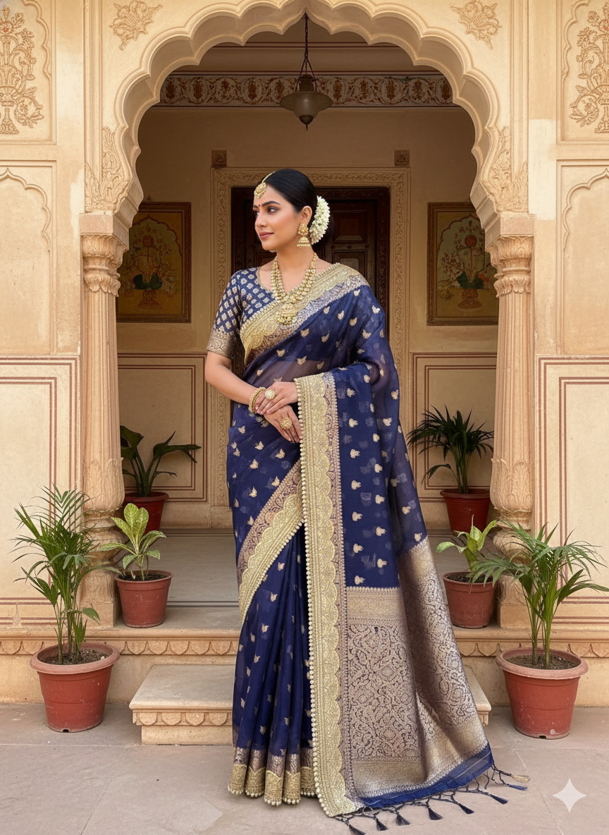 Banarasi Glass Tissue Booti Weaving Soft Saree