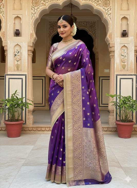 Banarasi Glass Tissue Booti Weaving Soft Saree