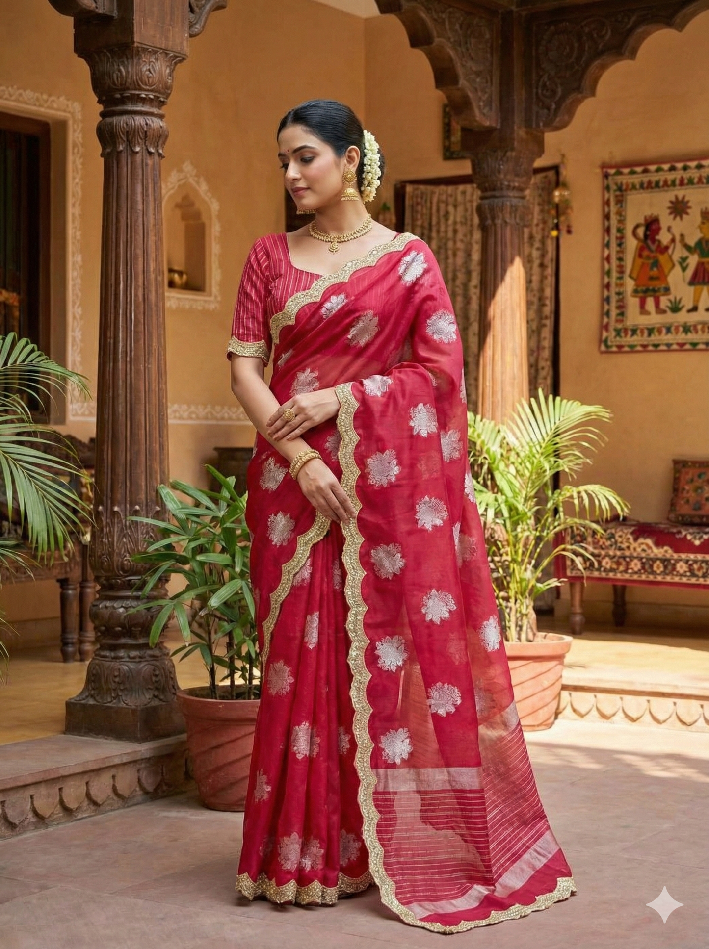 Banarasi Kora Organza Saree with Scallop Pearls Lace Hand Work Border