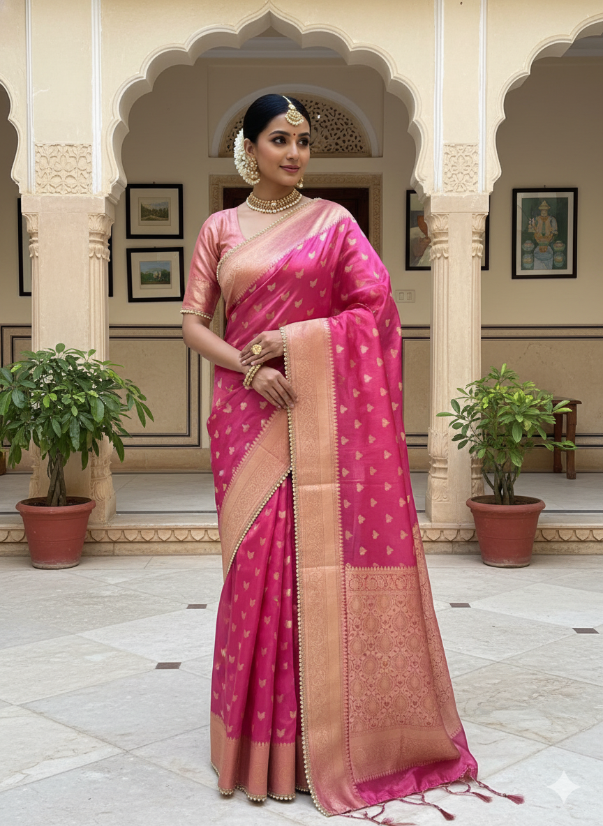 Banarasi Glass Tissue Booti Weaving Soft Saree