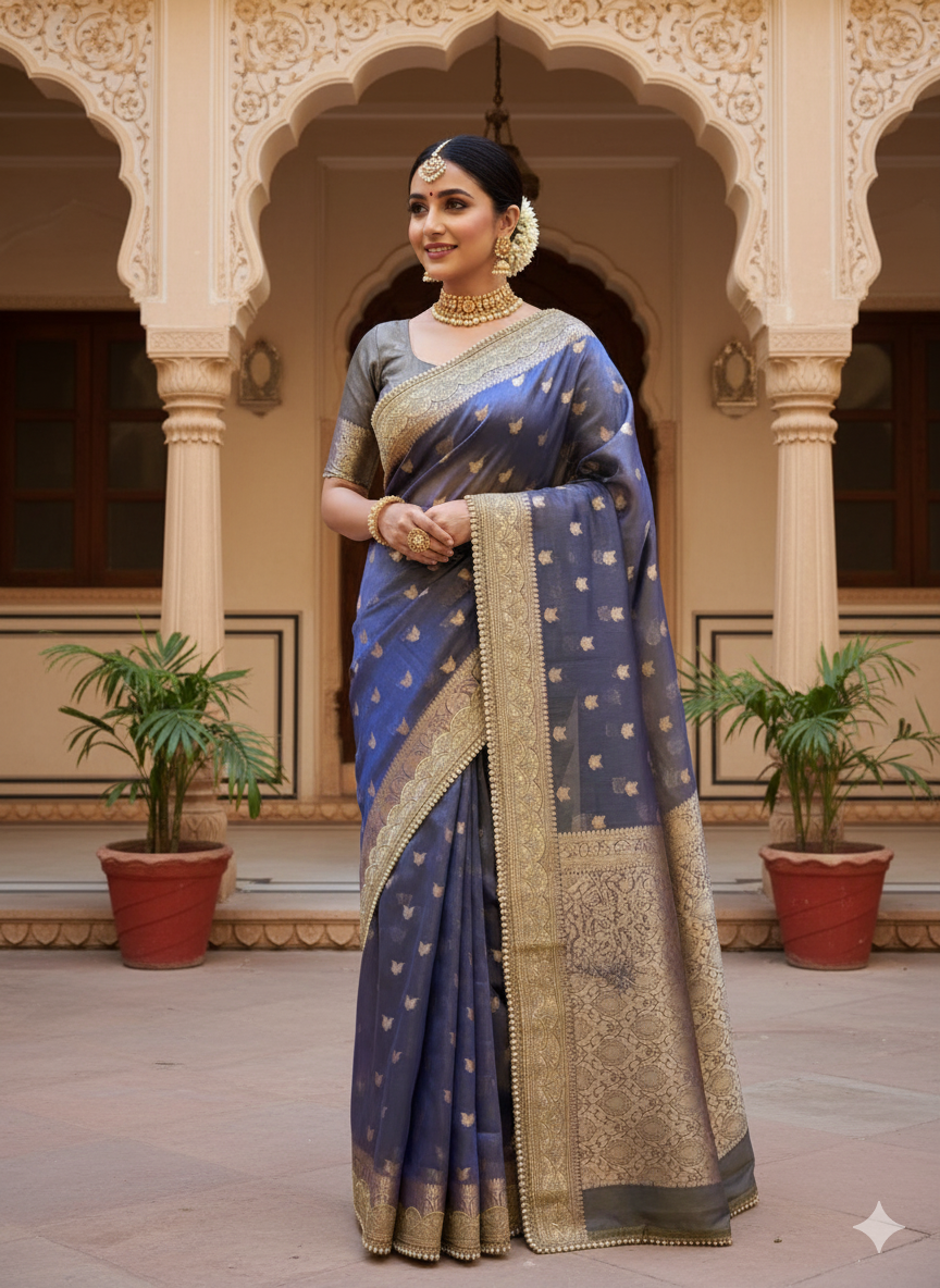 Banarasi Glass Tissue Booti Weaving Soft Saree