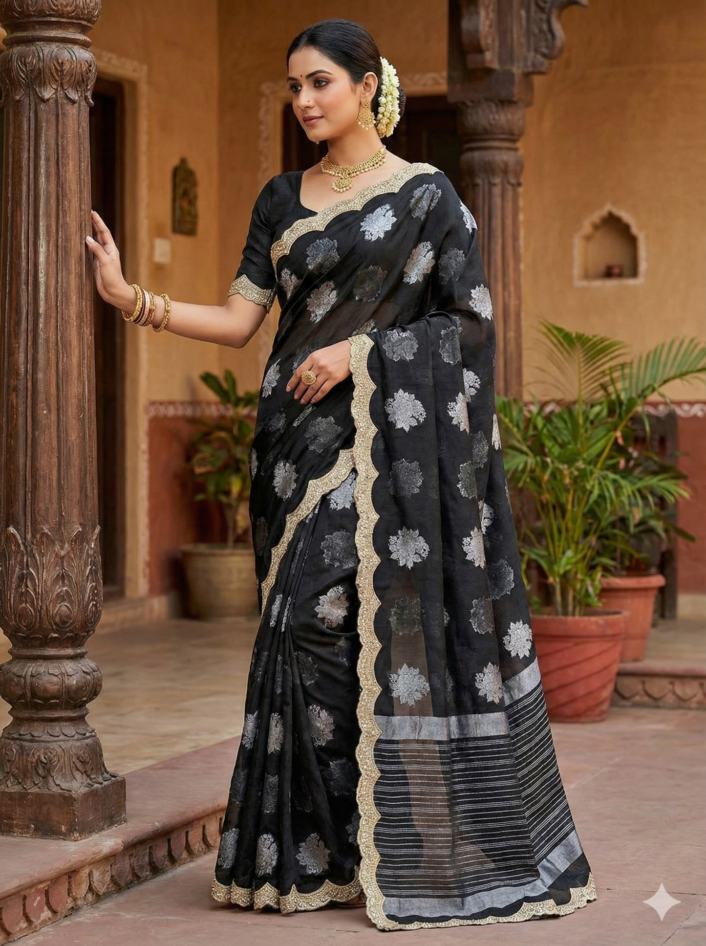 Banarasi Kora Organza Saree with Scallop Pearls Lace Hand Work Border