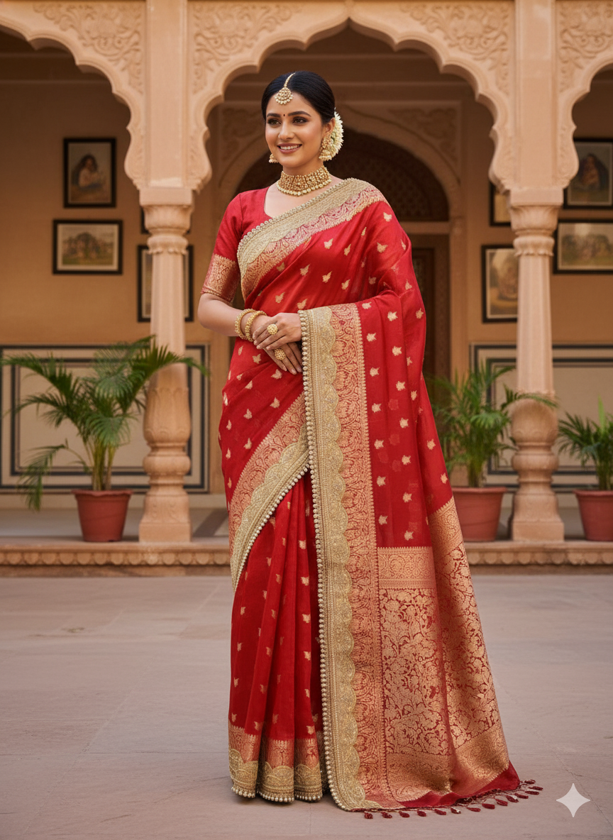 Banarasi Glass Tissue Booti Weaving Soft Saree