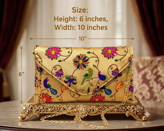 Peacock & Floral Embroidered Envelope Clutch – Gold