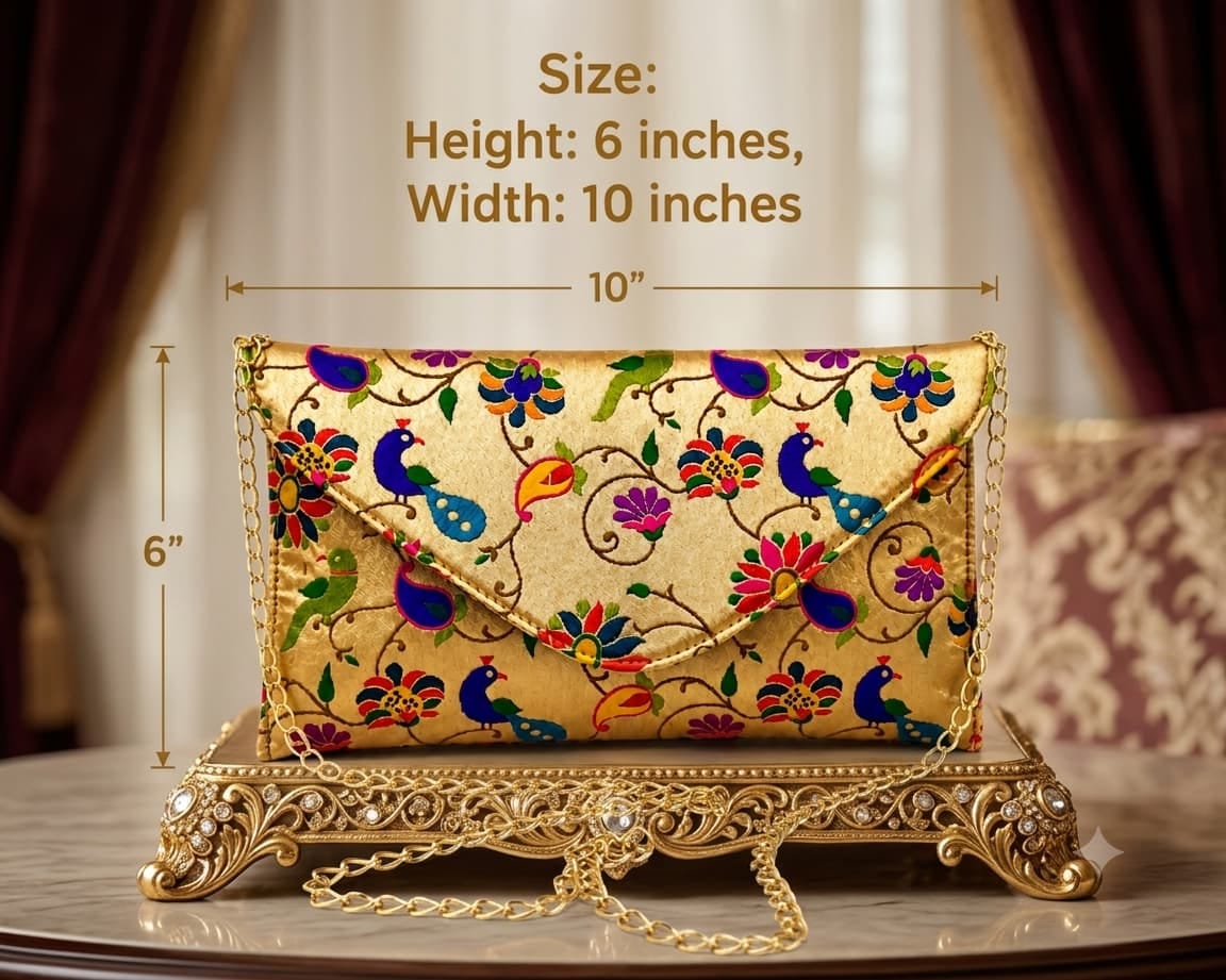 Peacock & Floral Embroidered Envelope Clutch – Gold