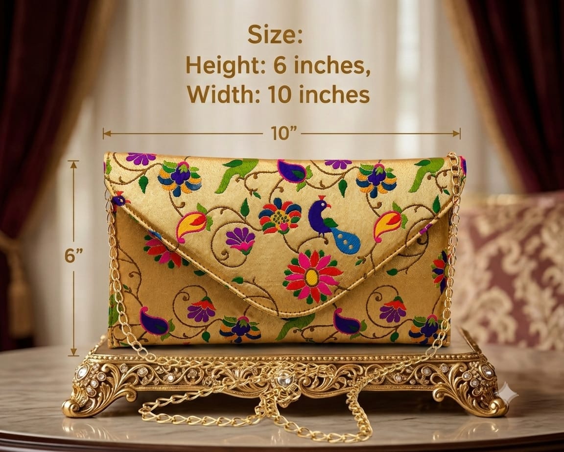 Peacock & Floral Embroidered Envelope Clutch – Gold