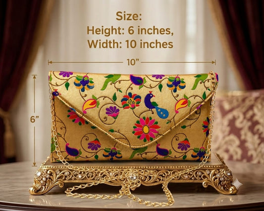 Peacock & Floral Embroidered Envelope Clutch – Gold