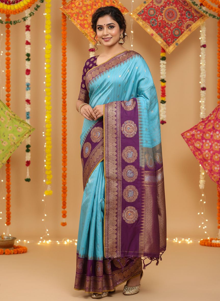 Elephant and Peacock Border Pattu
