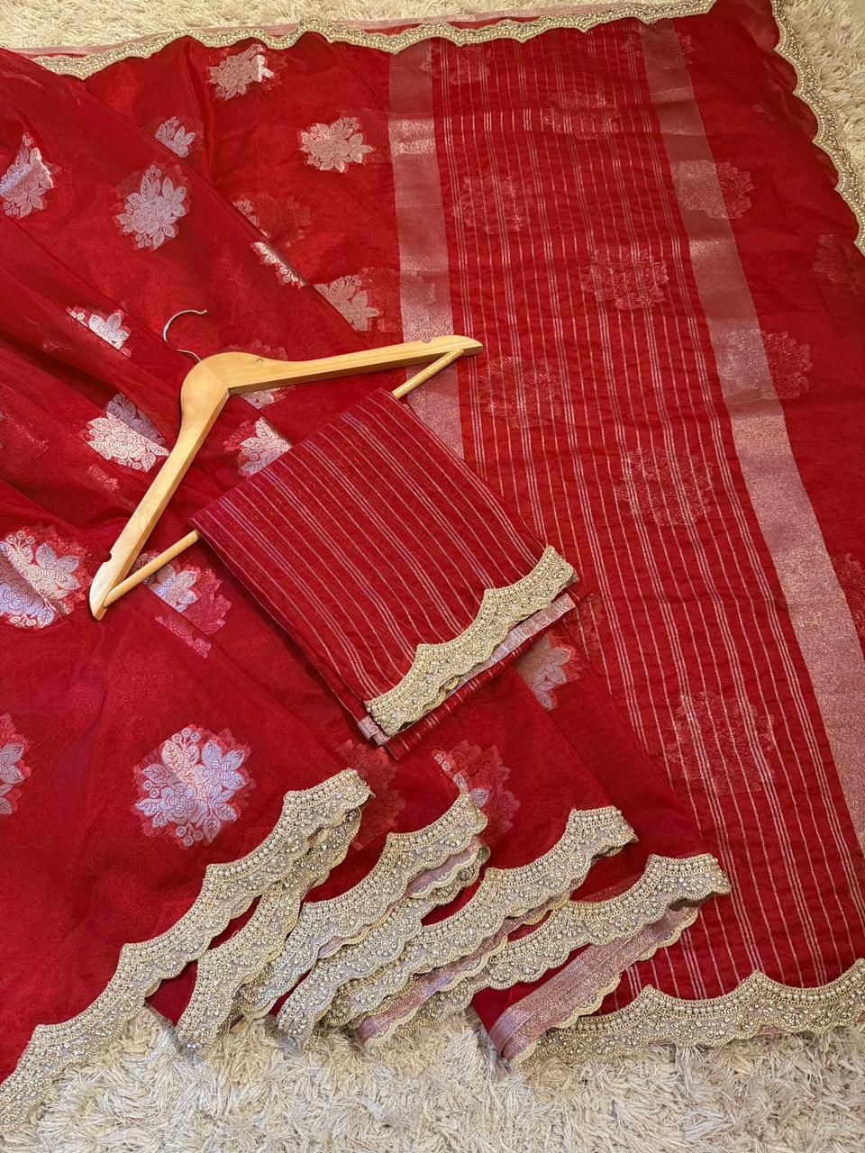 Banarasi Kora Organza Saree with Scallop Pearls Lace Hand Work Border