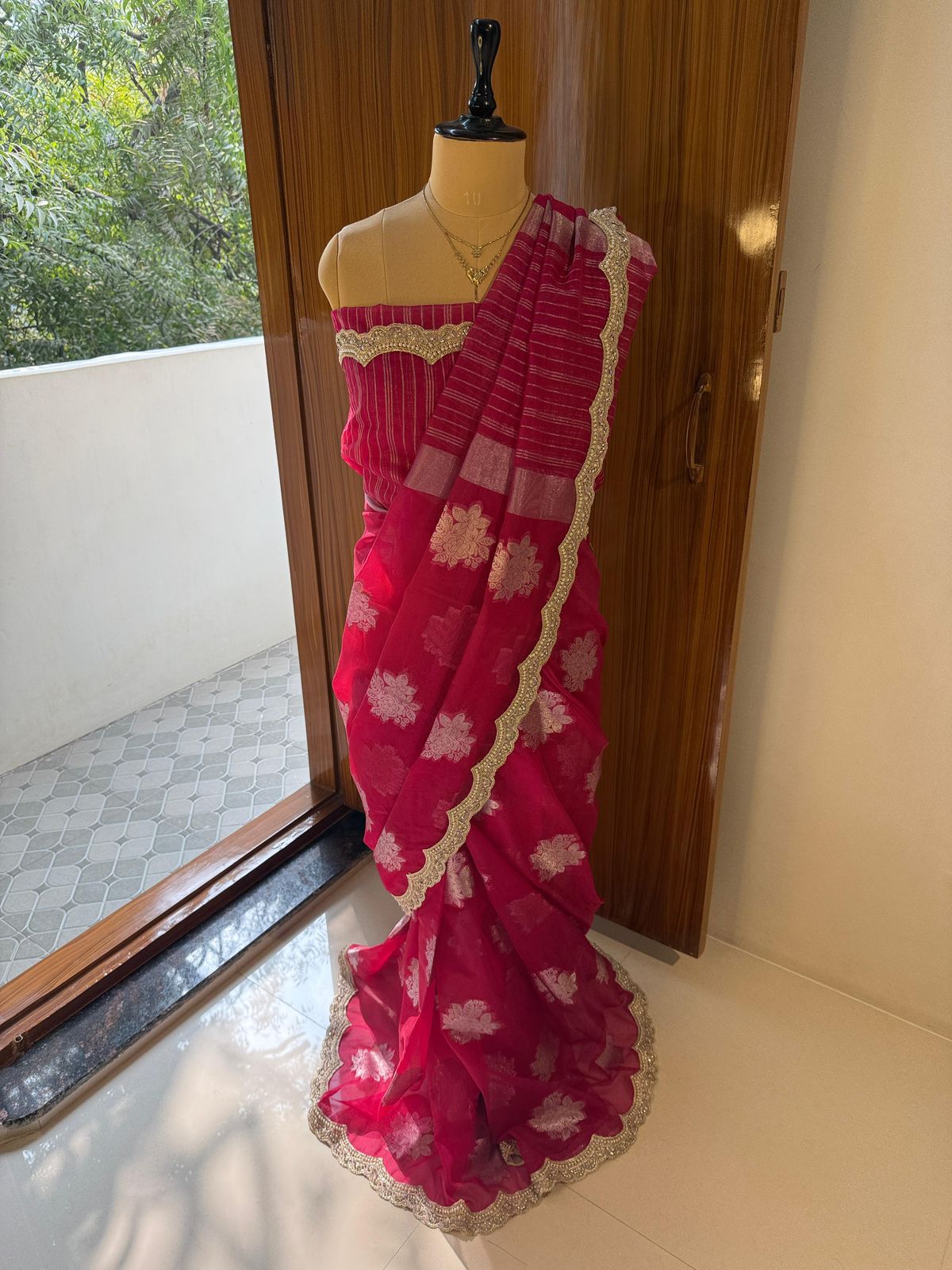 Banarasi Kora Organza Saree with Scallop Pearls Lace Hand Work Border