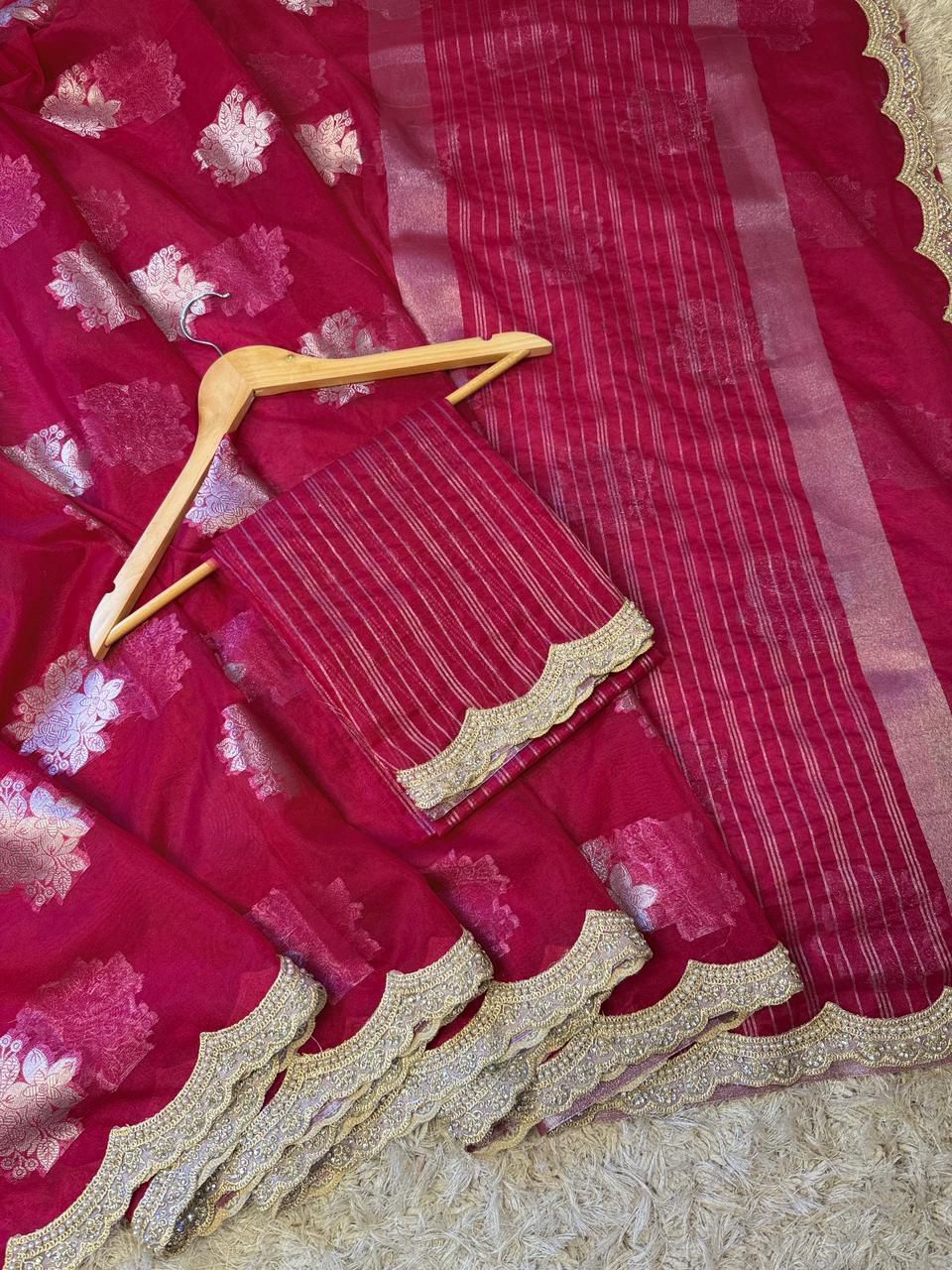 Banarasi Kora Organza Saree with Scallop Pearls Lace Hand Work Border