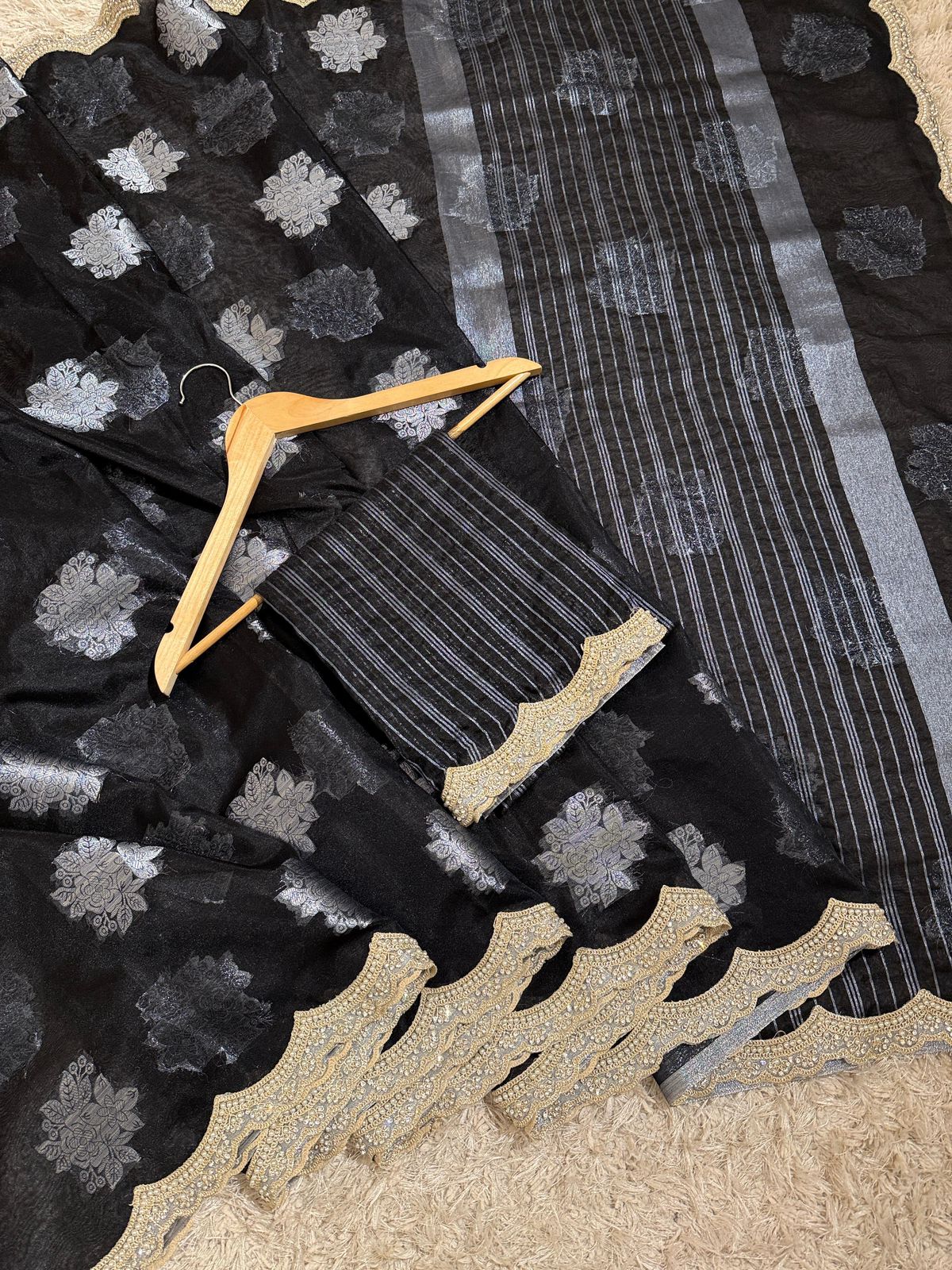 Banarasi Kora Organza Saree with Scallop Pearls Lace Hand Work Border