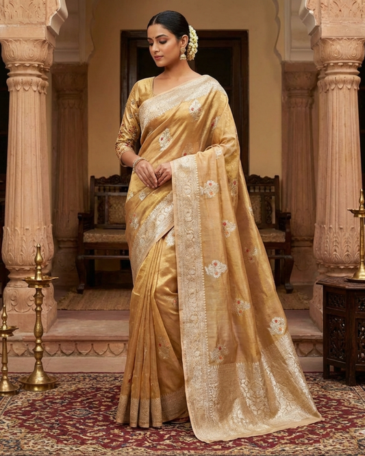 Banarasi Tissue Silk Saree with Meenakari Boota – Handwoven Traditional Indian Saree