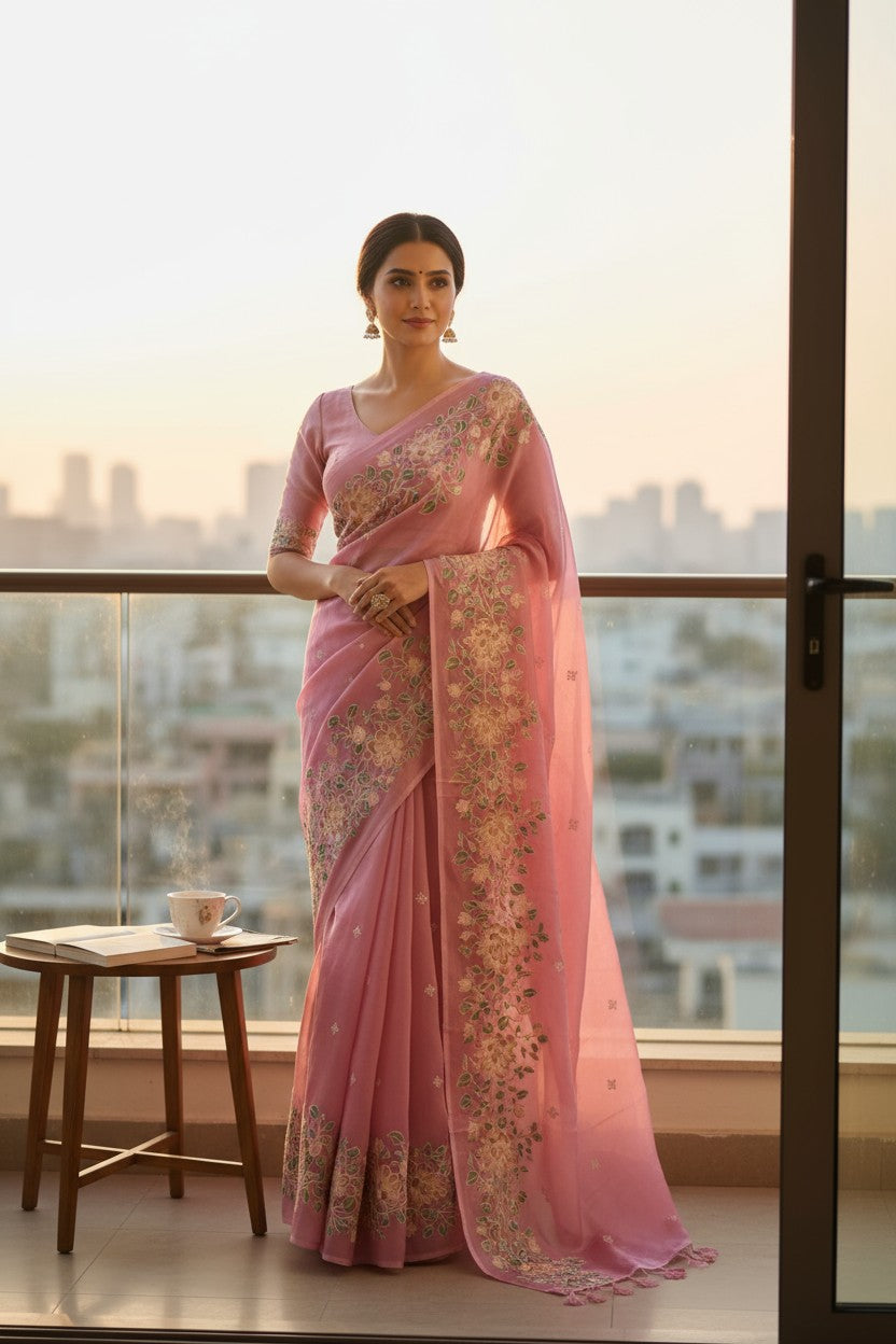 Organza Banarasi Kora Floral Embroidery