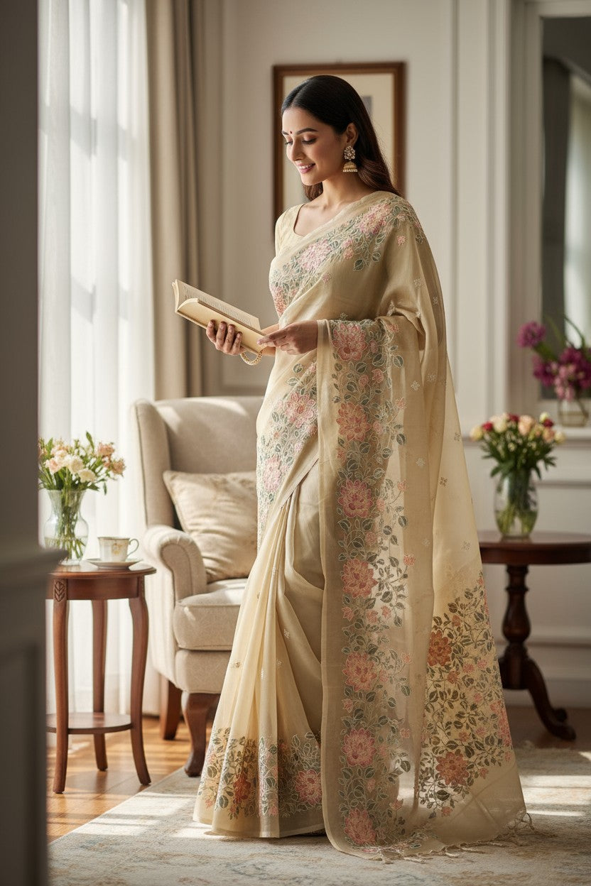 Organza Banarasi Kora Floral Embroidery