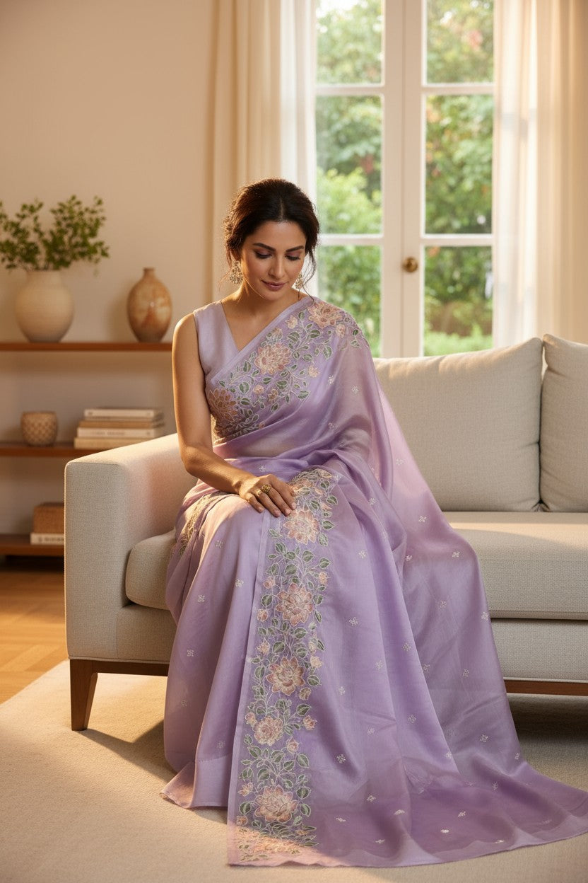 Organza Banarasi Kora Floral Embroidery