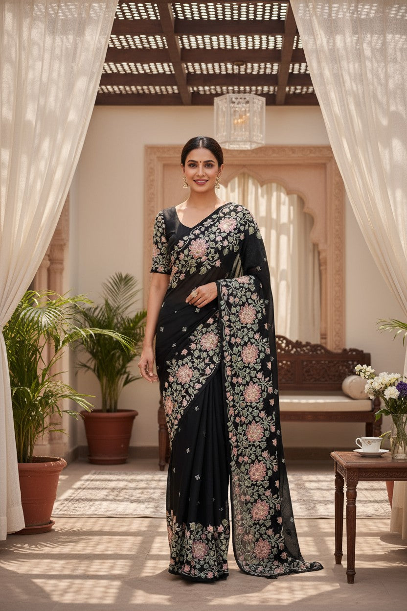 Organza Banarasi Kora Floral Embroidery