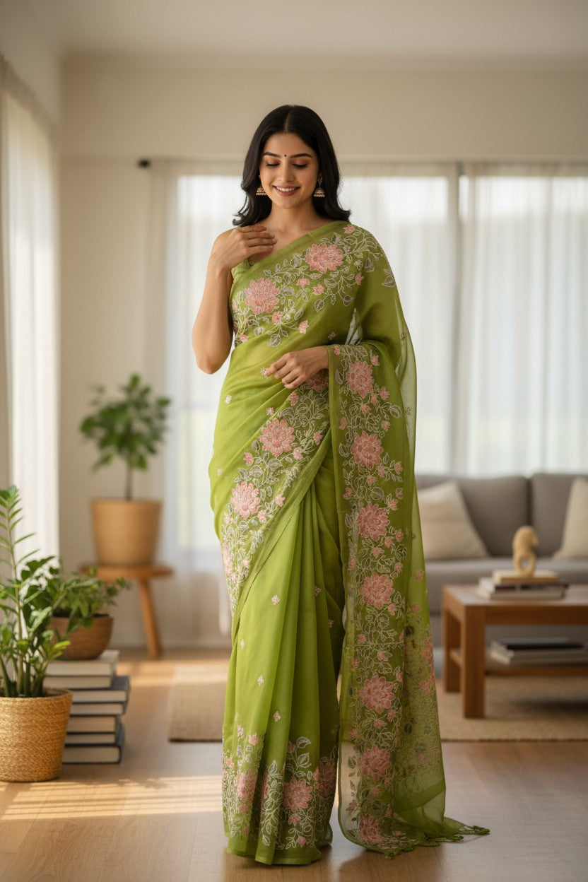 Organza Banarasi Kora Floral Embroidery