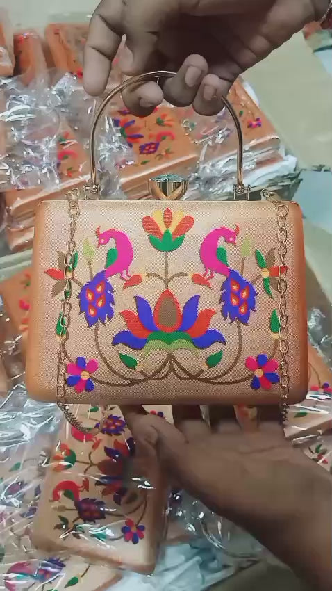 Paithani-Inspired Diamond Frame Silk Clutch – Peacock &amp; Floral Motif